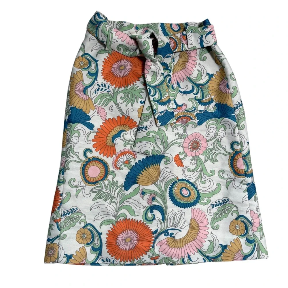 J Crew Retro‎ Floral  Wrap Tie Waist Pencil Skirt Size 0 Botanical Print